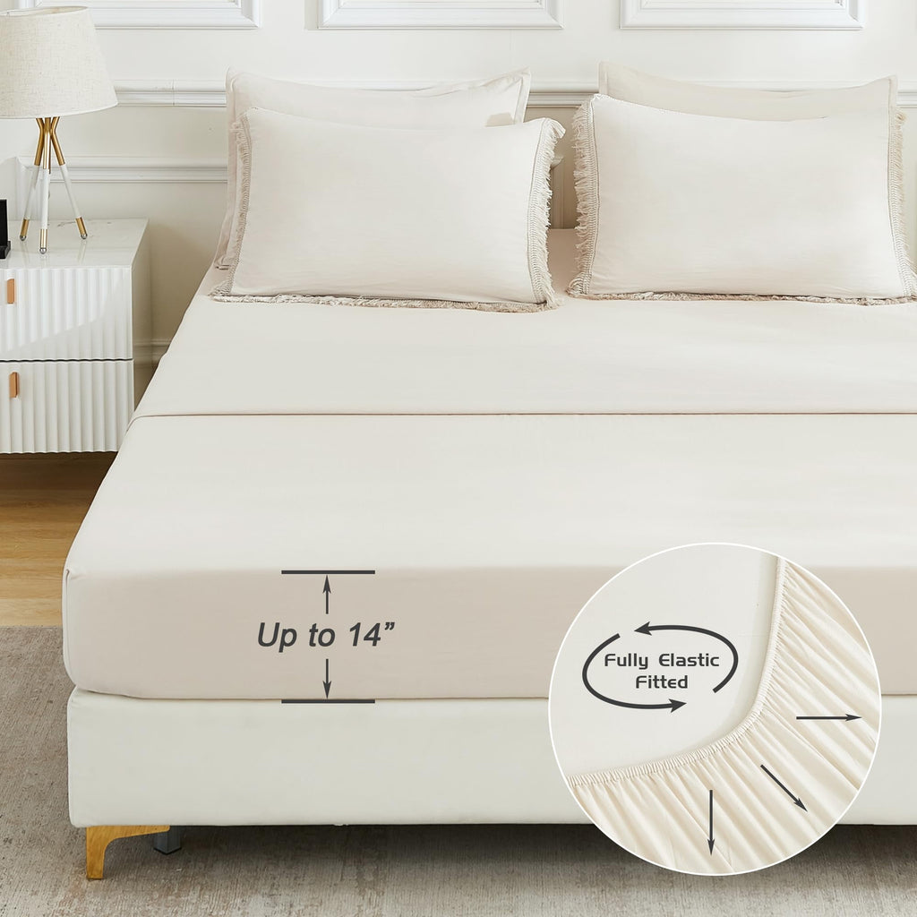 Andency King Size Comforter Sets Beige - 7 Pieces Bed in a Bag Soft Fluffy Bedding Comforter Sets for King Size Bed - Lightweight Cream Boho Tassel Bed Set with Comforter, Sheets, Pillowcases & Shams